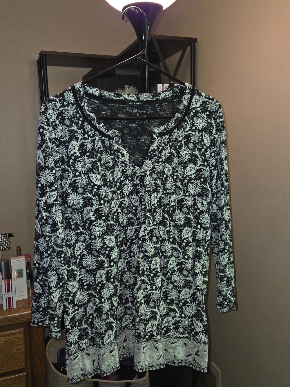 Lucky Brand Black and Mint Floral Henley Tunic